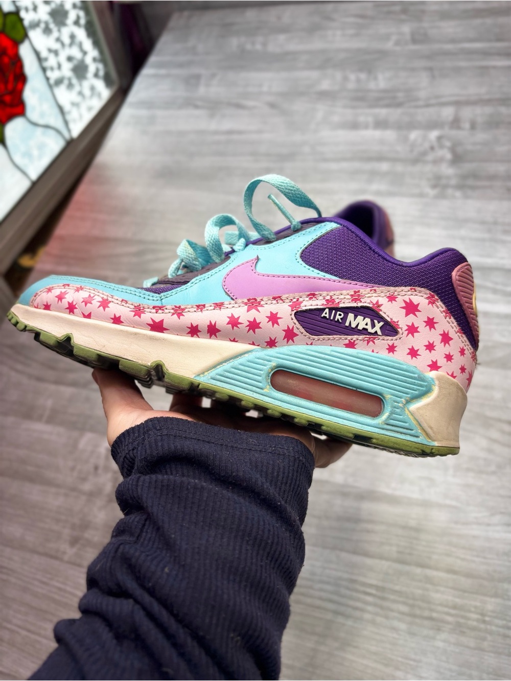 Unique Rare Nike Air Max 90 in Teal Pink & Purple Star Print Size Y6 or 7.5W